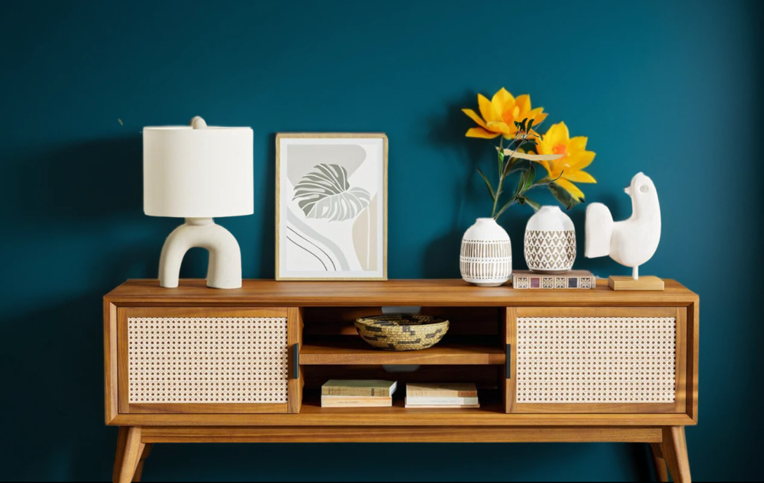 Solid Wood Cane Craft TV Unit